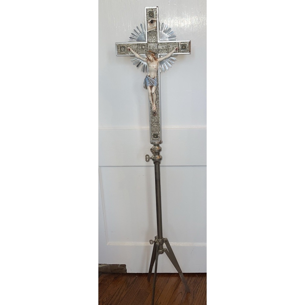 Rare Jeweled Crucifix Wood Cross Jewels Metal Stand 1920 Antique Light